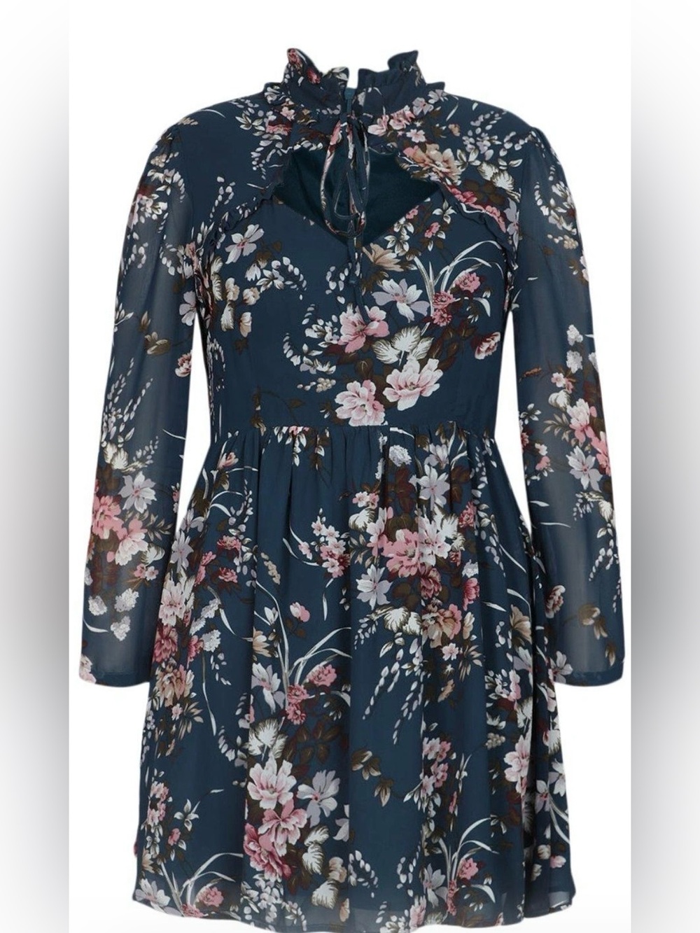 Boohoo Blue Floral High Neck Cut Out Skater Dress